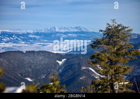 Vista dalla vetta Salatín a bassa Tatra su Hight Tatra durante l'inverno, Slovacchia Foto Stock