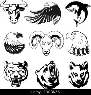 Teste di animali per logo o simboli sportivi. Grizzly, orso ed aquila. Illustrazioni mascotte monocromatiche per etichette. Lupo, squalo e montone. Set di vettori grandi Illustrazione Vettoriale