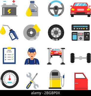 Icone di assistenza auto impostate. Parti differenti di automobile. Illustrazioni vettoriali in stile piatto Illustrazione Vettoriale