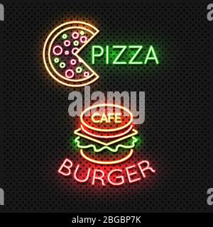 Fast food cafe neon insegne - pizza e hamburger neon banner. Illustrazione vettoriale Illustrazione Vettoriale