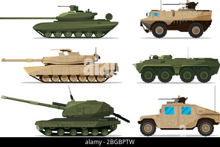Veicolo militare. Supporto di diverse macchine per artiglieria. Trasporto militare pesante isolato su bianco. Illustrazioni in stile piatto Illustrazione Vettoriale