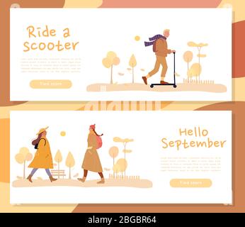 Uomo donna camminare in autunno stagione foresta header set Illustrazione Vettoriale
