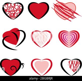 Carino rosso mano disegnata cuori' icona vettore set. Decorazioni artistiche con vortici disegnati a mano e ricci in un'icona a cuore. Disegno illustrazione ed emoji per amore, relazione Illustrazione Vettoriale