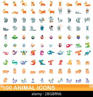 100 animali set di icone. Cartoon illustrazione di 100 icone animale set vettore isolato su sfondo bianco Illustrazione Vettoriale