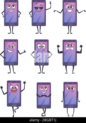 Personaggio divertente cartoon. Smartphone sorridente con emozioni diverse Illustrazione Vettoriale