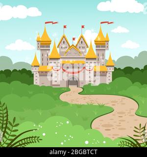 Paesaggio fantasy con castello da favola. Illustrazione vettoriale in stile cartoon Illustrazione Vettoriale