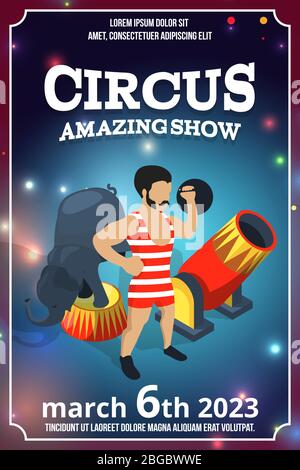 Poster di presentazione del circo. Illustrazioni di carnevale magico in stile cartoon Illustrazione Vettoriale