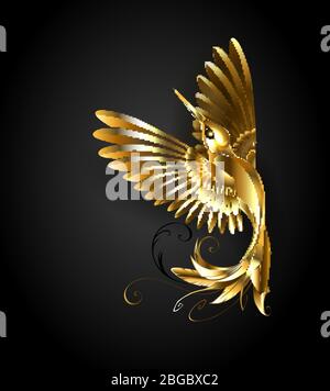 Pittore a mano hummingbird dorato su sfondo nero. Uccello d'oro. Illustrazione Vettoriale