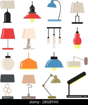Lampadari, lampade moderne sulla scrivania e pavimento in interni luminosi. Illustrazioni vettoriali in stile piatto Illustrazione Vettoriale