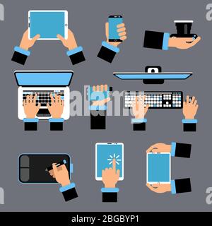 Mani che trattengono diversi dispositivi informatici. Notebook, smartphone, tablet e altri dispositivi. Immagine vettoriale in stile piatto Illustrazione Vettoriale