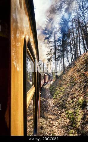 Giro in locomotiva a vapore con raggi solari. Dinamica attraverso la sfocatura del movimento. Foto Stock