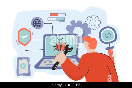 Programmatore di fumetti maschi che lavora al rilevamento di bug nel software del computer Illustrazione Vettoriale