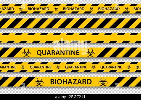 Set di nastri senza saldatura Vector Biohazard Danger giallo nero isolato su sfondo trasparente. Nastro di protezione per scherma. Influenza di quarantena. Pericolo di pericolo Illustrazione Vettoriale