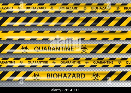 Set di nastri senza saldatura Vector Biohazard Danger giallo nero isolato su sfondo trasparente. Nastro di protezione per scherma. Influenza di quarantena. Pericolo di pericolo Illustrazione Vettoriale