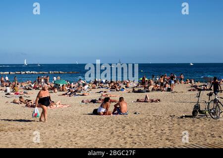 Vista di molte persone che si stendono sulla sabbia, prendendo il sole e la vecchia donna che cammina presso la famosa spiaggia chiamata 'la Barceloneta' a Barcellona. E' un summ soleggiato Foto Stock