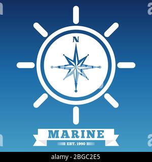 Design di emblema marino con ruota della nave e vento di rosa. Illustrazione vettoriale Illustrazione Vettoriale