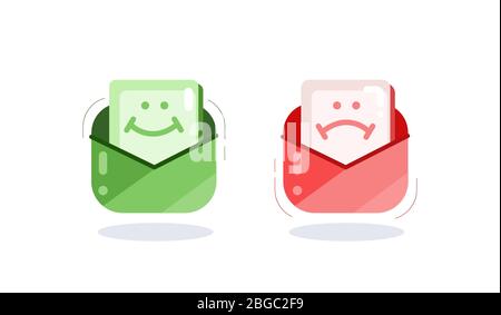 Due cartoni animati busta colorata con smiley cattivo e buone notizie isolato su sfondo bianco Illustrazione Vettoriale