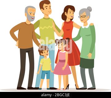 Illustrazione vettoriale di una grande famiglia con madre, padre, nonna e nonno. Le persone sorridenti che stanno in piedi all'azione pone Illustrazione Vettoriale