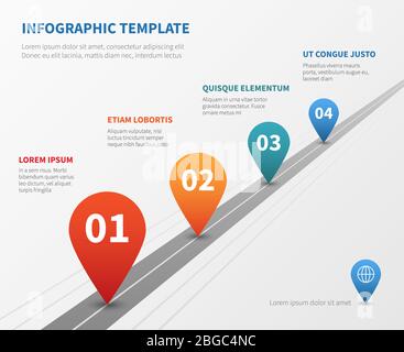 Infografica sui vettori timeline aziendali. Strada di pietra miliare con puntatori. Puntatore sulla linea temporale, illustrazione del punto di processo del flusso di lavoro Illustrazione Vettoriale