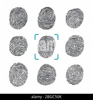 Set di impronte digitali diverse. Scanner di polizia per l'identità criminale. Illustrazioni vettoriali monocromatiche Illustrazione Vettoriale