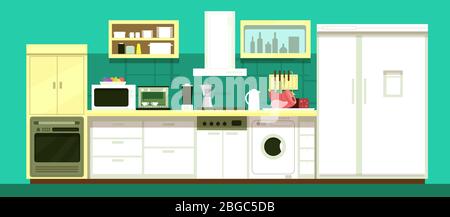 Nessuno cartone animato cucina camera vettore interno. Illustrazione di mobili da cucina per la cena Illustrazione Vettoriale