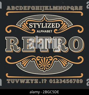 Tipografia occidentale vintage 3d. Tipo di vettore gotico retrò. Numeri e lettere retrò. ABC testo, tipo alfabeto vintage, tipografia gotica e illustrazione dei numeri Illustrazione Vettoriale