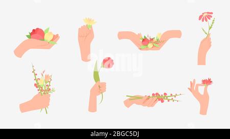 Set di mani umane con fiori estivi colorati isolati su sfondo bianco Illustrazione Vettoriale