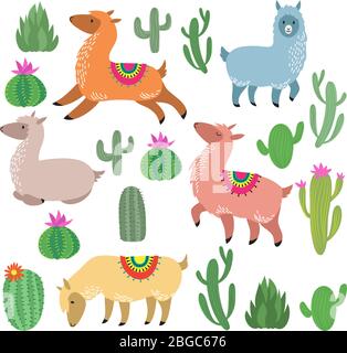 Simpatici lama alpaca. Personaggi di llama di vettore faunistico. Fauna alpaca e cactus verde illustrazione Illustrazione Vettoriale