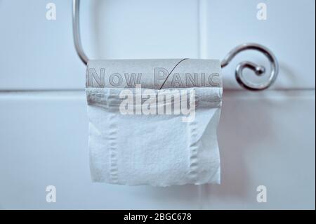 Vuoto rotolo di carta igienica Loo legge 'ORA PANICO' Panico acquistare carta igienica concetto Coronavirus Covid-19 Pandemic Foto Stock