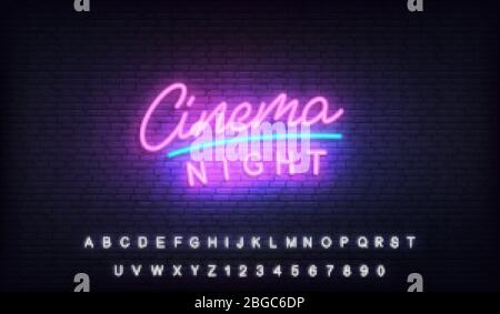 Modello neon per cinema. Etichetta luminosa per il cinema notturno Illustrazione Vettoriale