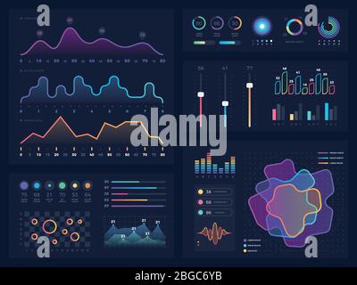 Grafica e diagramma della tecnologia con grafici delle opzioni e del flusso di lavoro. Elementi infografici di presentazione vettoriale. Immagine grafica dello schermo digitale e diagramma dell'interfaccia virtuale Illustrazione Vettoriale