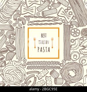 Illustrazioni vettoriali disegnate a mano di cibo. Pasta tradizionale italiana. Menu di sfondo Illustrazione Vettoriale