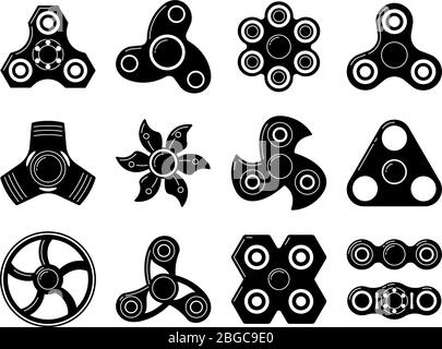 Illustrazioni monocromatiche di giocattoli spinner di forme diverse. Le immagini vettoriali si isolano sul bianco Illustrazione Vettoriale