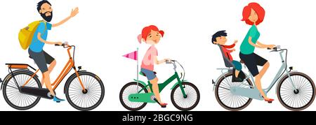 Famiglia a piedi in bicicletta. Uomo e donna in bicicletta Illustrazione Vettoriale