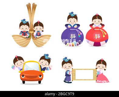 Tradizionale festival coreano, bambini in hanbok Illustrazione Vettoriale