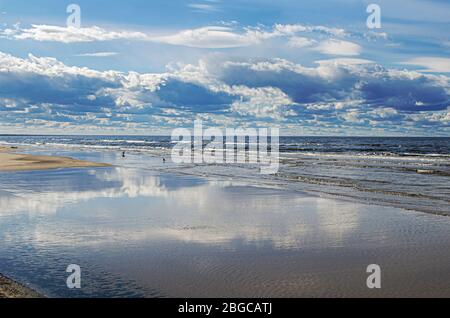 Bellissimo paesaggio marino. Mar Baltico durante la giornata di sole con belle nuvole con gabbiani nelle onde a Jurmala, Lettonia Foto Stock