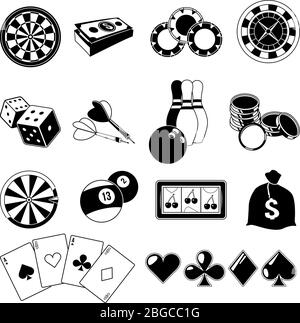 Gioco d'azzardo, giochi di carte e diversi intrattenimenti da casinò. Set di illustrazioni monocromatiche. Silhouette vettoriali Illustrazione Vettoriale