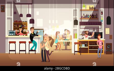 La gente mangia pranzo nell'interno del bar del caffè. Illustrazione vettoriale piatta. Interno caffetteria e ristorante con bar Illustrazione Vettoriale