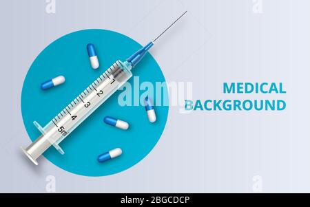 Pillola e siringa realistiche. Iniezione del vaccino Coronavirus Covid-19, nuovo coronavirus. Background medico. Illustrazione vettoriale Illustrazione Vettoriale
