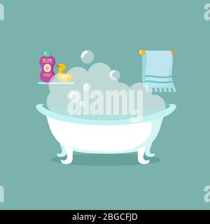 Bagno con cartoni animati interni vettoriali con vasca piena di schiuma e doccia. Illustrazione dell'interno del bagno, del bagno o della vasca Illustrazione Vettoriale