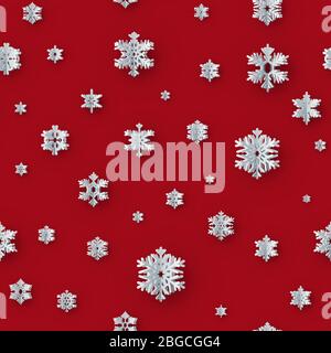 Decorazione senza cuciture di Natale con fiocchi di neve di carta su sfondo rosso. EPS 10 Illustrazione Vettoriale