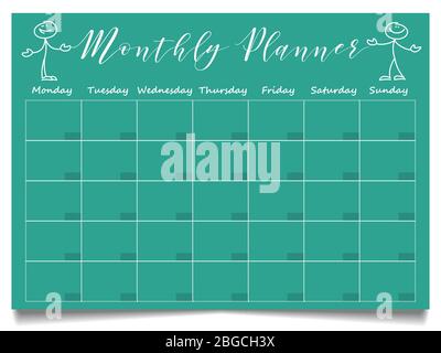 Semplice modello mensile di pianificatore con figure di bastone positive disegnate a mano. Organizzatore mensile, programma settimanale. Illustrazione vettoriale Illustrazione Vettoriale