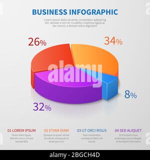 Grafico a torta progettazione vettoriale 3d con percentuali e opzioni per la presentazione aziendale. Illustrazione di grafici a torta per le aziende, il cerchio del grafico e il diagramma Illustrazione Vettoriale