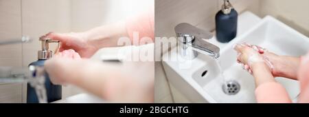 Lavaggio delle mani con sapone in bagno. Concetto di igiene collage Foto Stock