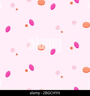 Pill di compressa pattern vettoriale senza giunture. Colori rosa stile piatto. Illustrazione Vettoriale