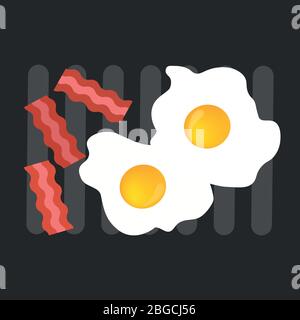 Colazione gustosa e abbondante - uova e pancetta succosa in una padella. Illustrazione piatta vettoriale di due uova fritte affettare la pancetta in una padella alla griglia. Illustrazione Vettoriale