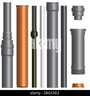 Set di vari tubi di plastica per le acque reflue, l'acqua tubo con flange di collegamento isolato su uno sfondo bianco. Vista frontale, illustrazione vettoriale. Illustrazione Vettoriale