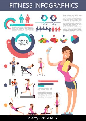 Sport e vita sana vettore business infografica con personaggi, grafici e diagrammi della persona sportiva. Illustrazione della tabella di esercitazione di idoneità, diagramma infografico di informazioni sport Illustrazione Vettoriale