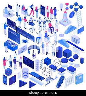 Cartoon Working Science e persone hi tech rappresentazione grafica vettoriale isometrica Illustrazione Vettoriale