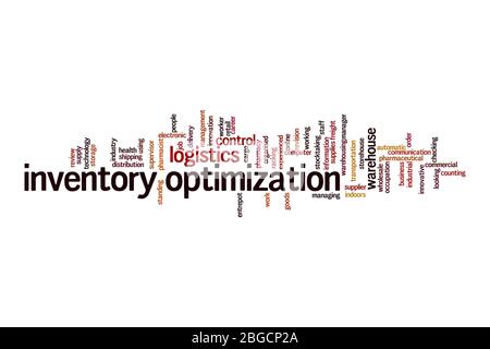 Concetto di cloud di parole per l'ottimizzazione dell'inventario su sfondo bianco Foto Stock